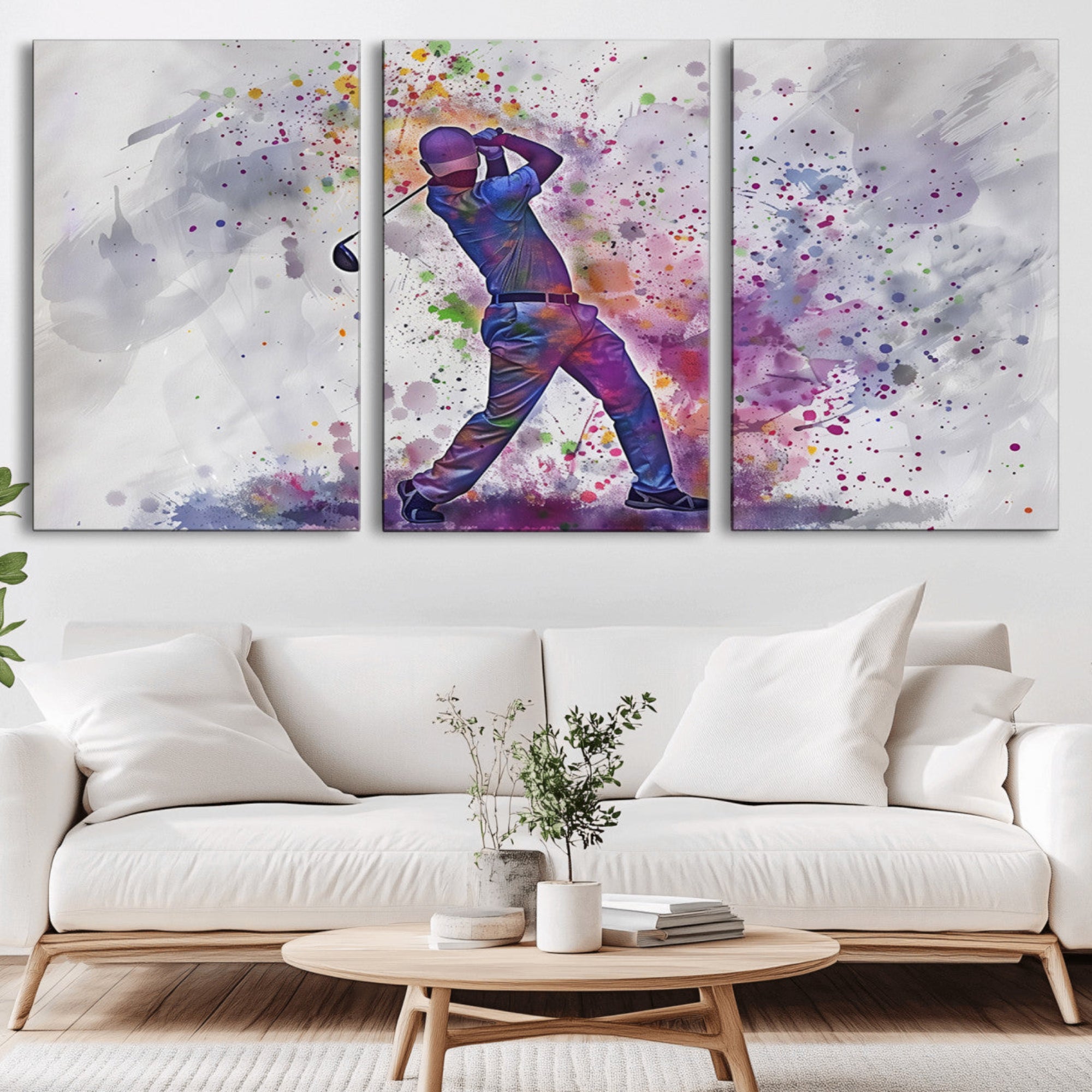 60116-MGV-CV-36X24-Watercolor Golf Swing Wall Art Canvas Print | Vibrant Abstract Golf Player Silhouette |