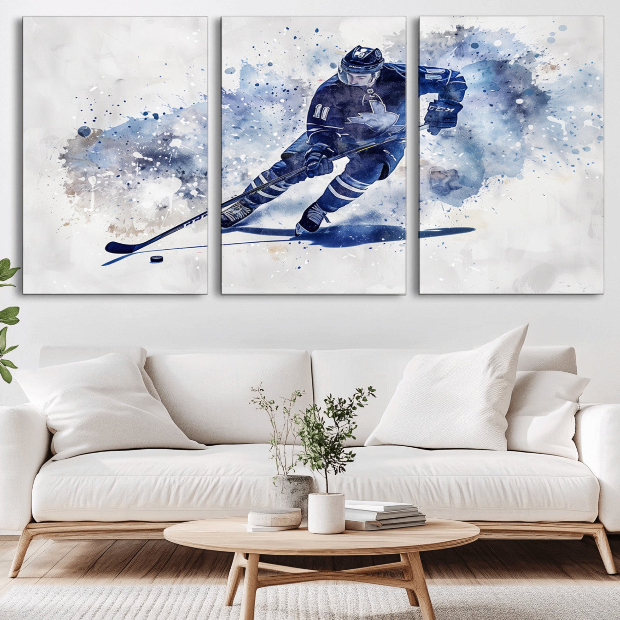 39795-MGV-CV-36X24-Hockey Player Wall Art Canvas Print - Sports-Inspired Watercolor Decor - Ready to Hang