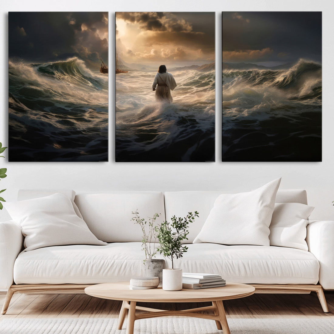 Jesus Walking on Water Wall Art Canvas Print, Religious Decor | Extra Large 3 Piece Canvas Wall Art