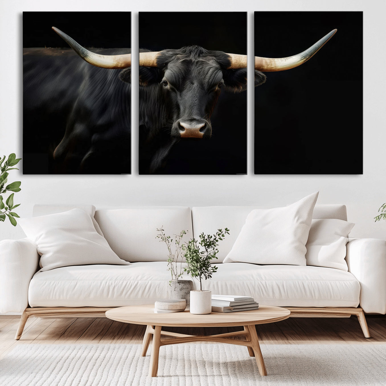 -Black Bull Wall Art – Majestic Longhorn Canvas Print with Dark Background, Rustic Western Farmhouse Decor for Living Room or Office