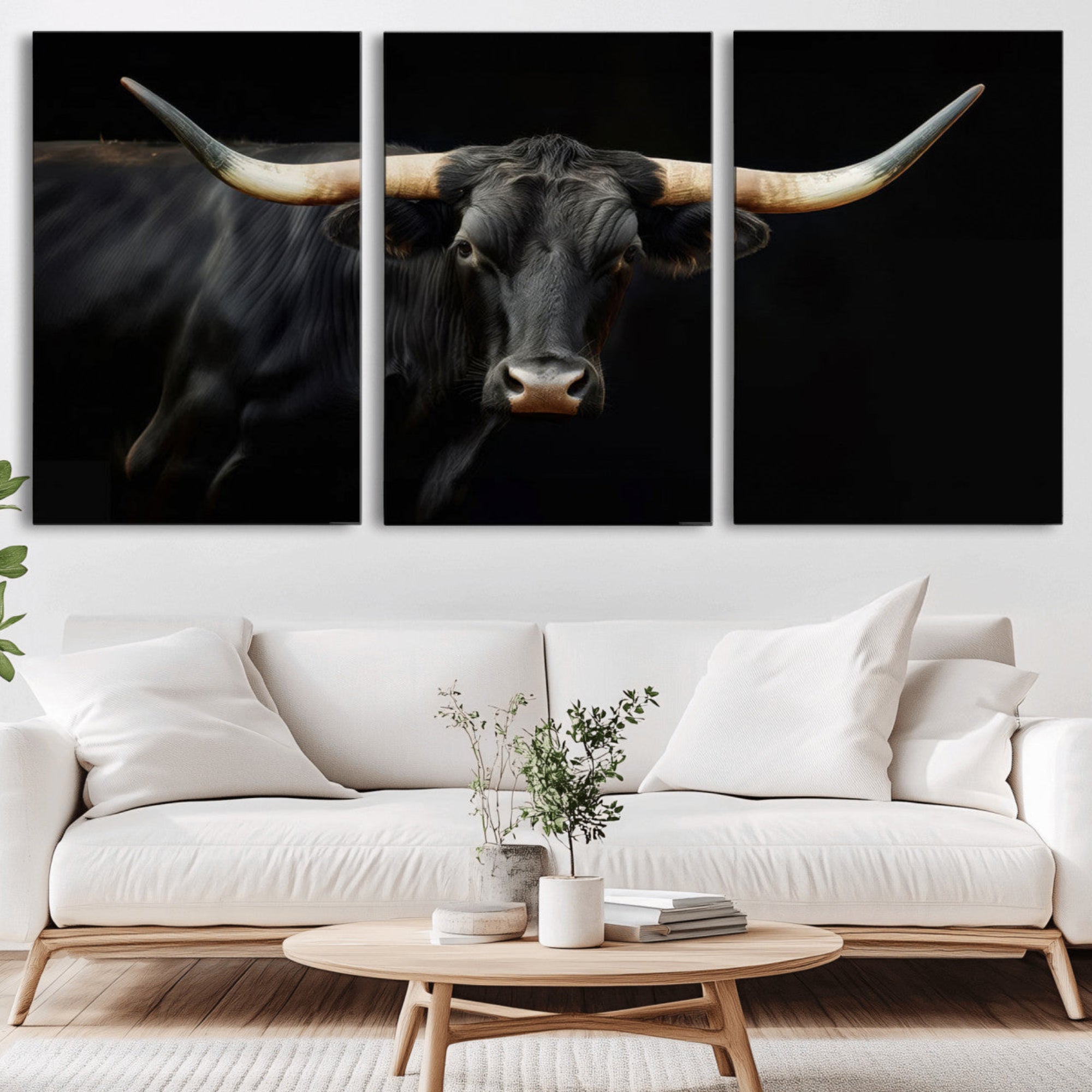 63798-MGV-CV-36X24-Black Bull Wall Art – Majestic Longhorn Canvas Print with Dark Background, Rustic Western Farmhouse Decor for Living Room or Office