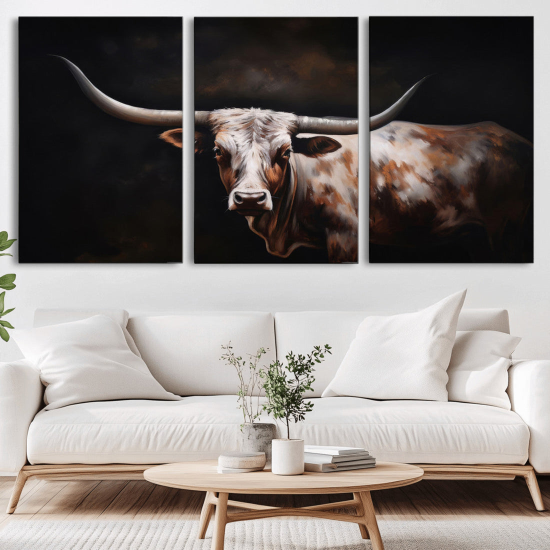 Texas Longhorn Wall Art Canvas Print, Western Ranch Decor | Extra Large 3 Piece Canvas Wall Art
