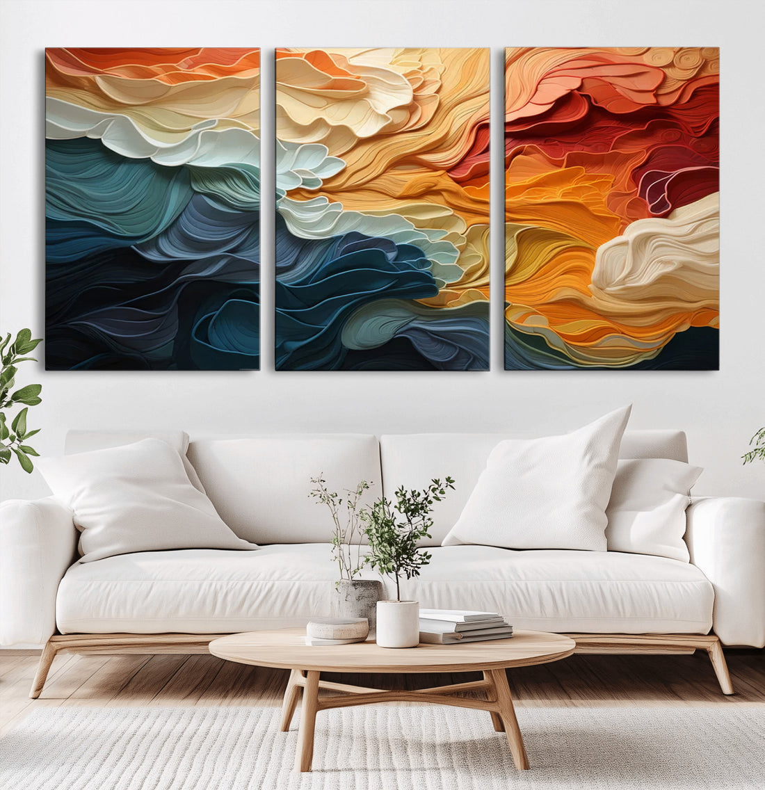 Blue Orange Abstract Wave Wall Art Canvas Print, Framed | Extra Large 3 Piece Canvas Wall Art