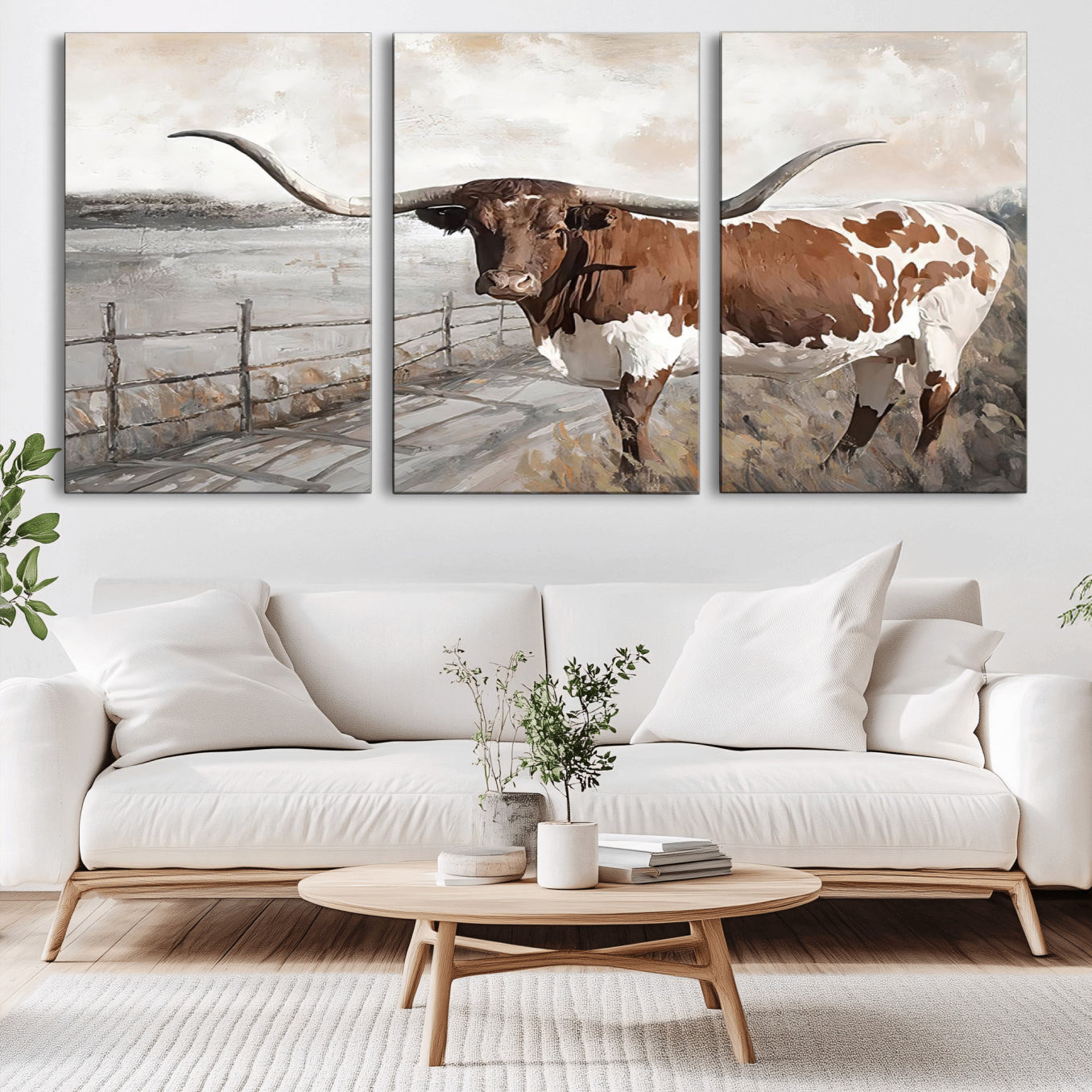 -Vintage Texas Cow Wall Art Canvas Print, Rustic Longhorn Wall Art | Canvas Print for Farmhouse Decor