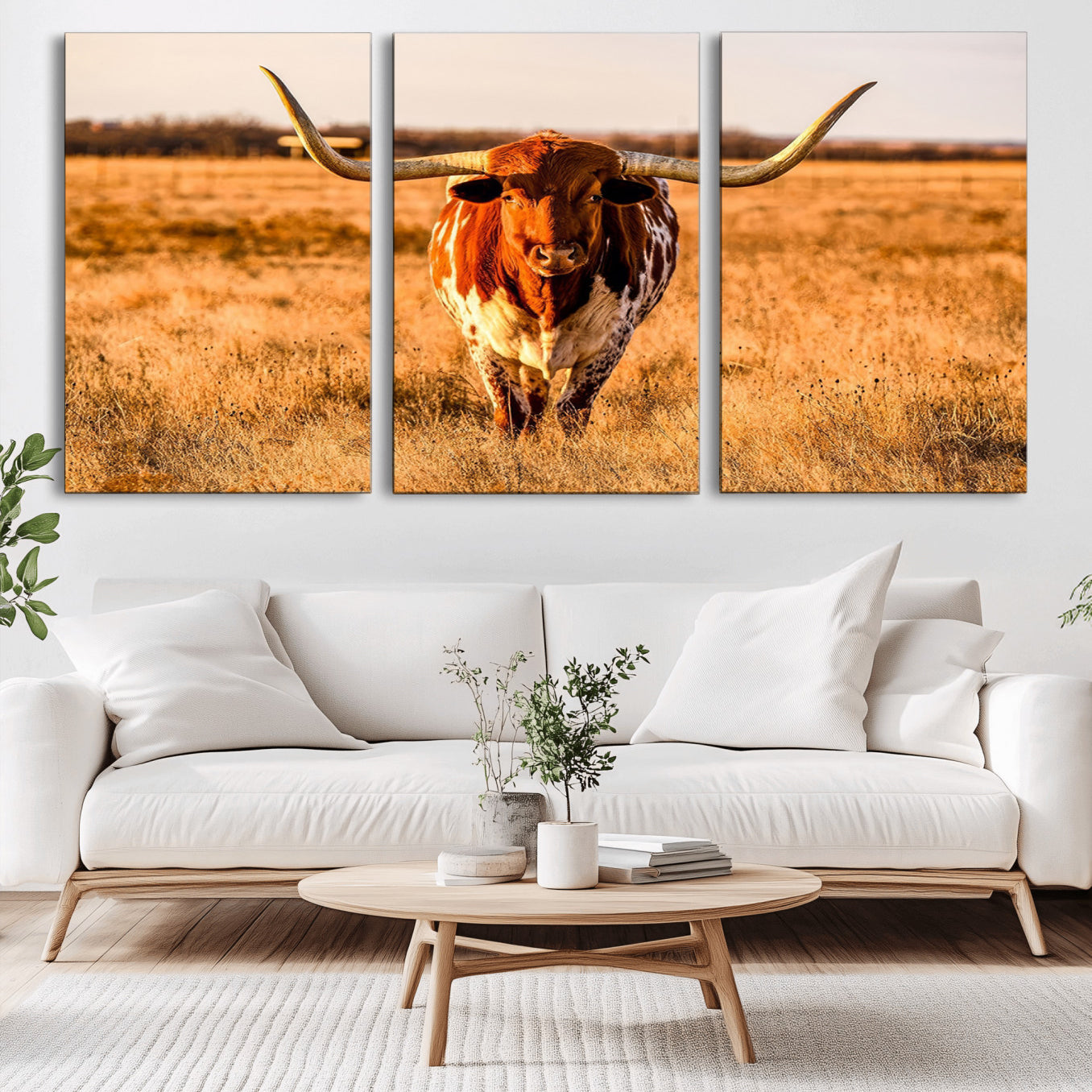 -Longhorn Cow Wall Art | Ready to Hang Framed Canvas Print for Farmhouse and Barn Decor