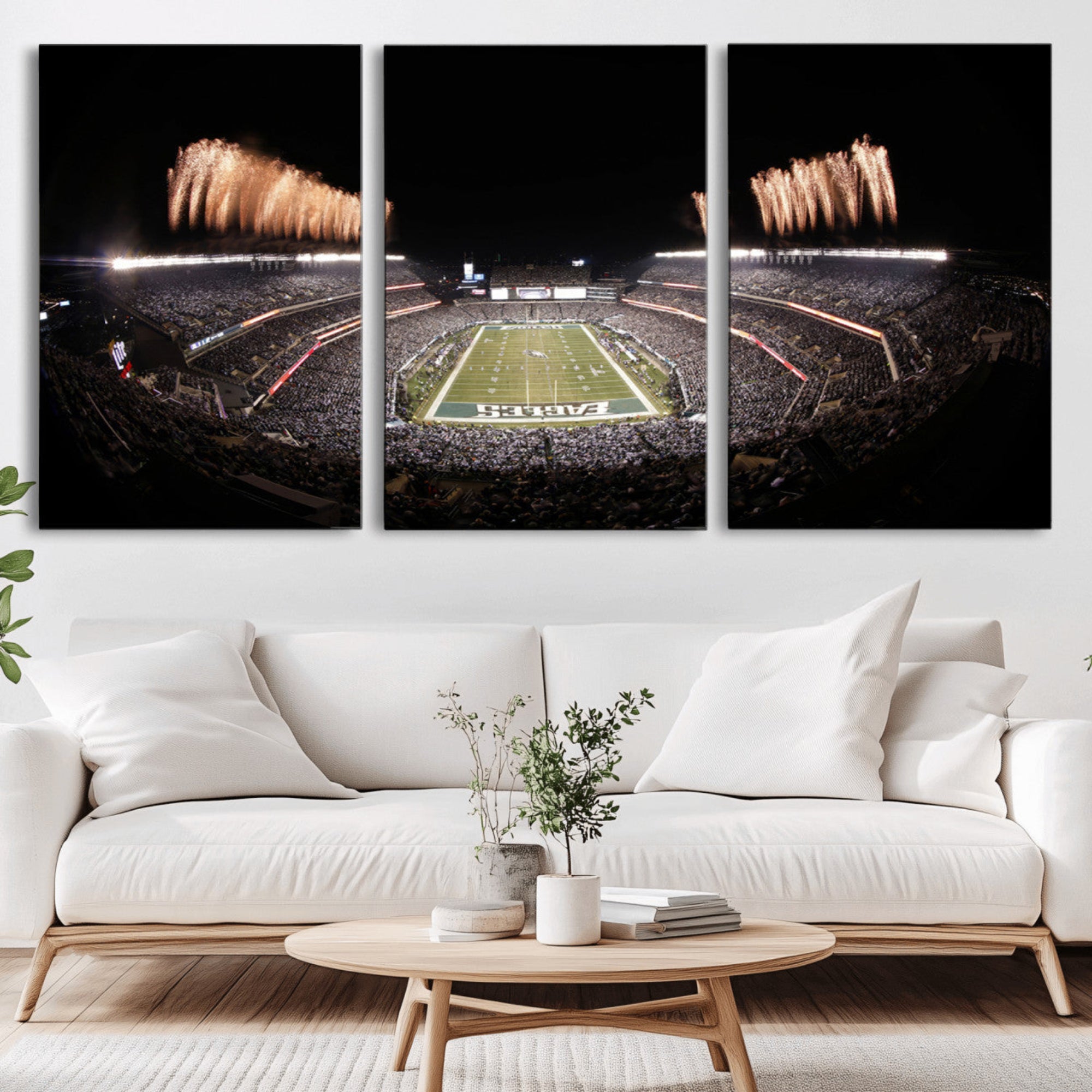 48893-MGV-CV-36X24-Eagles Field Stadium Wall Art - Lincoln Financial Field Fireworks Game Triple Canvas Wall Art -