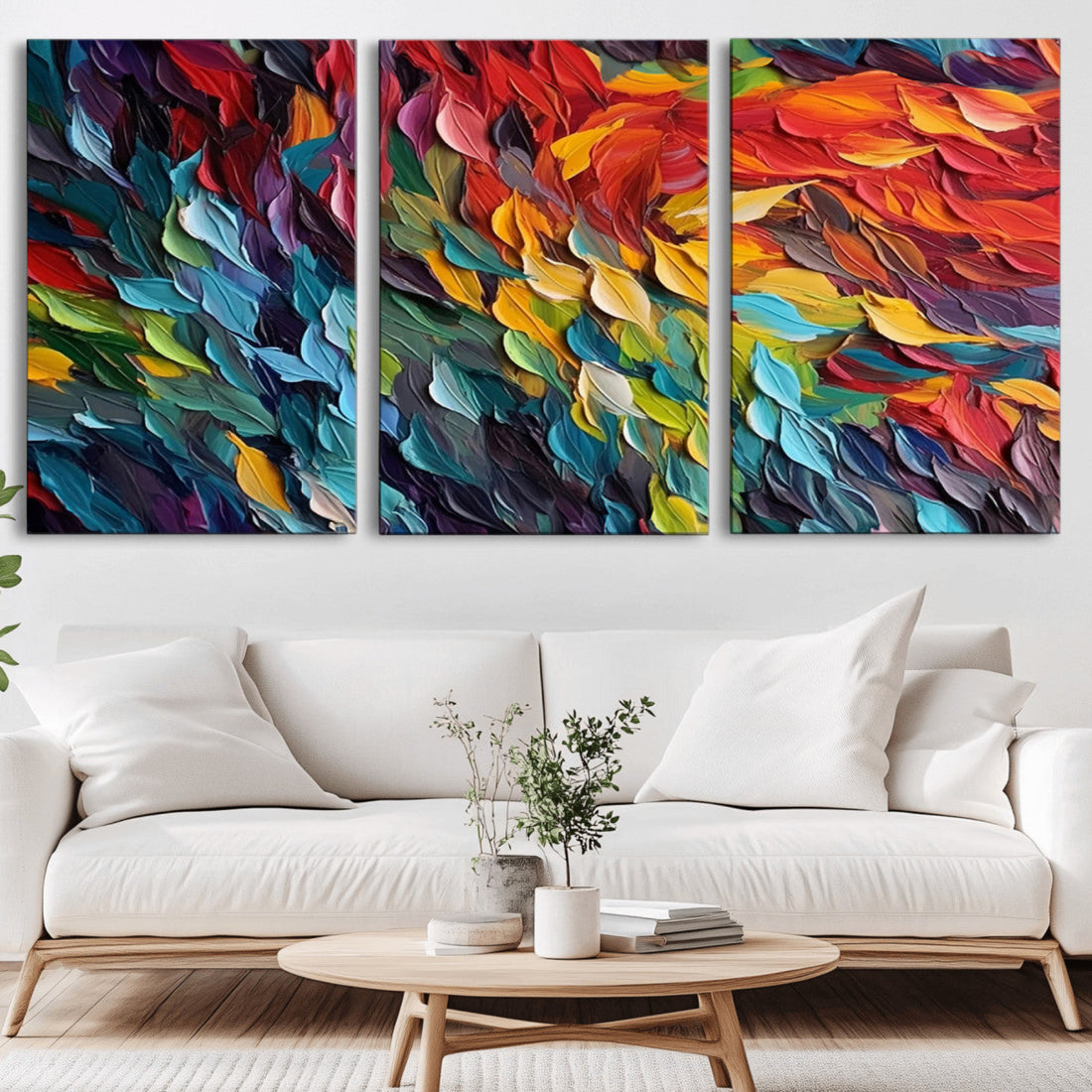Vibrant Abstract Leaf Wall Art Canvas Print, Bold Colorful Decor | Extra Large 3 Piece Canvas Wall Art