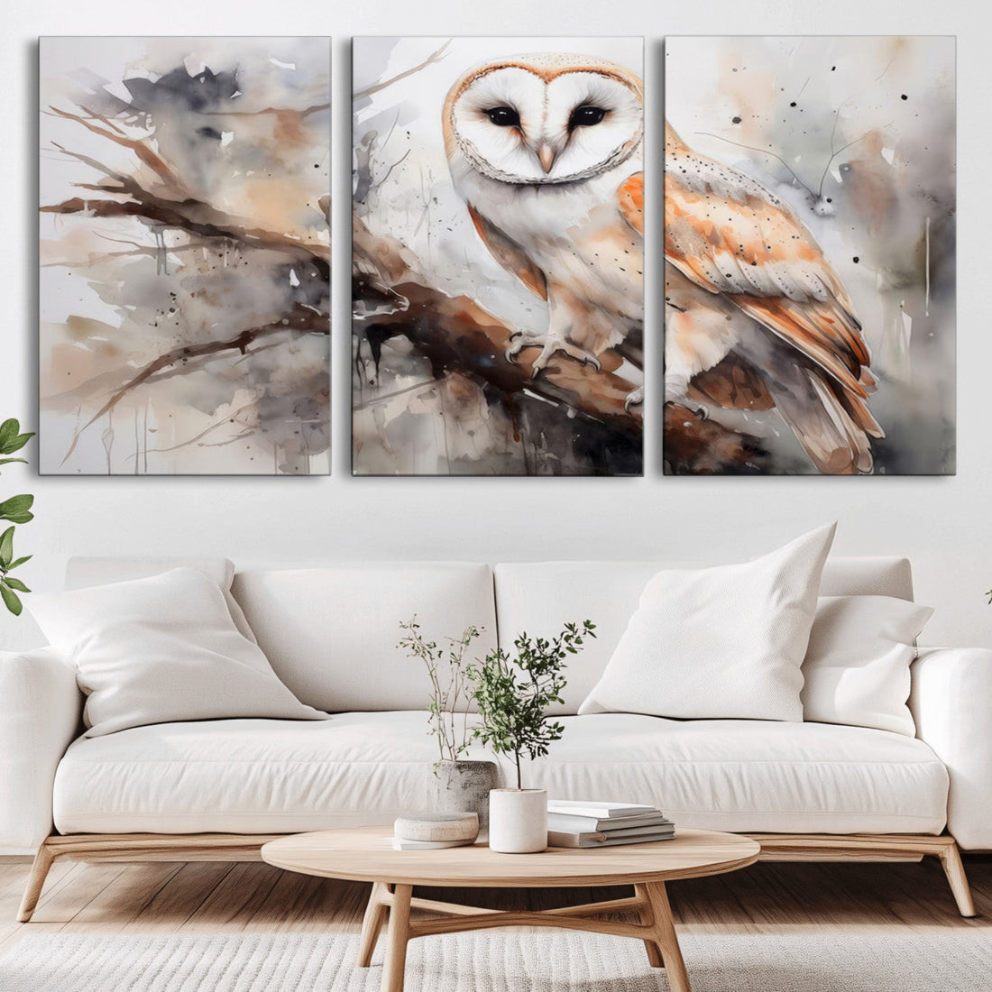 Barn Owl Wall Art, Watercolor Barn Owl Canvas Print | Extra Large 3 Piece Canvas Wall Art