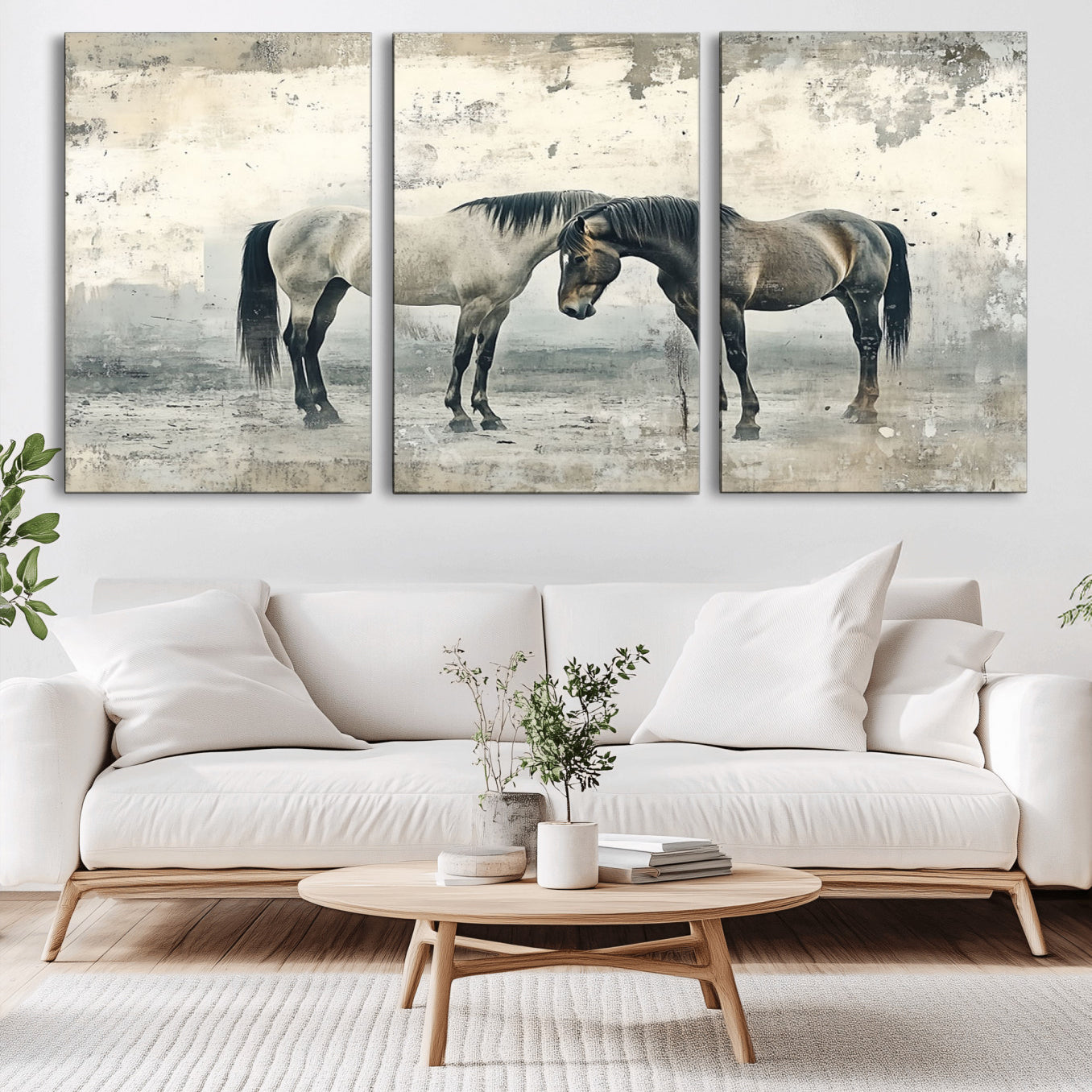 -Chines Style Majestic Horses Wall Art | Ready to Hang and Framed Triptych Print | Western Farmhouse