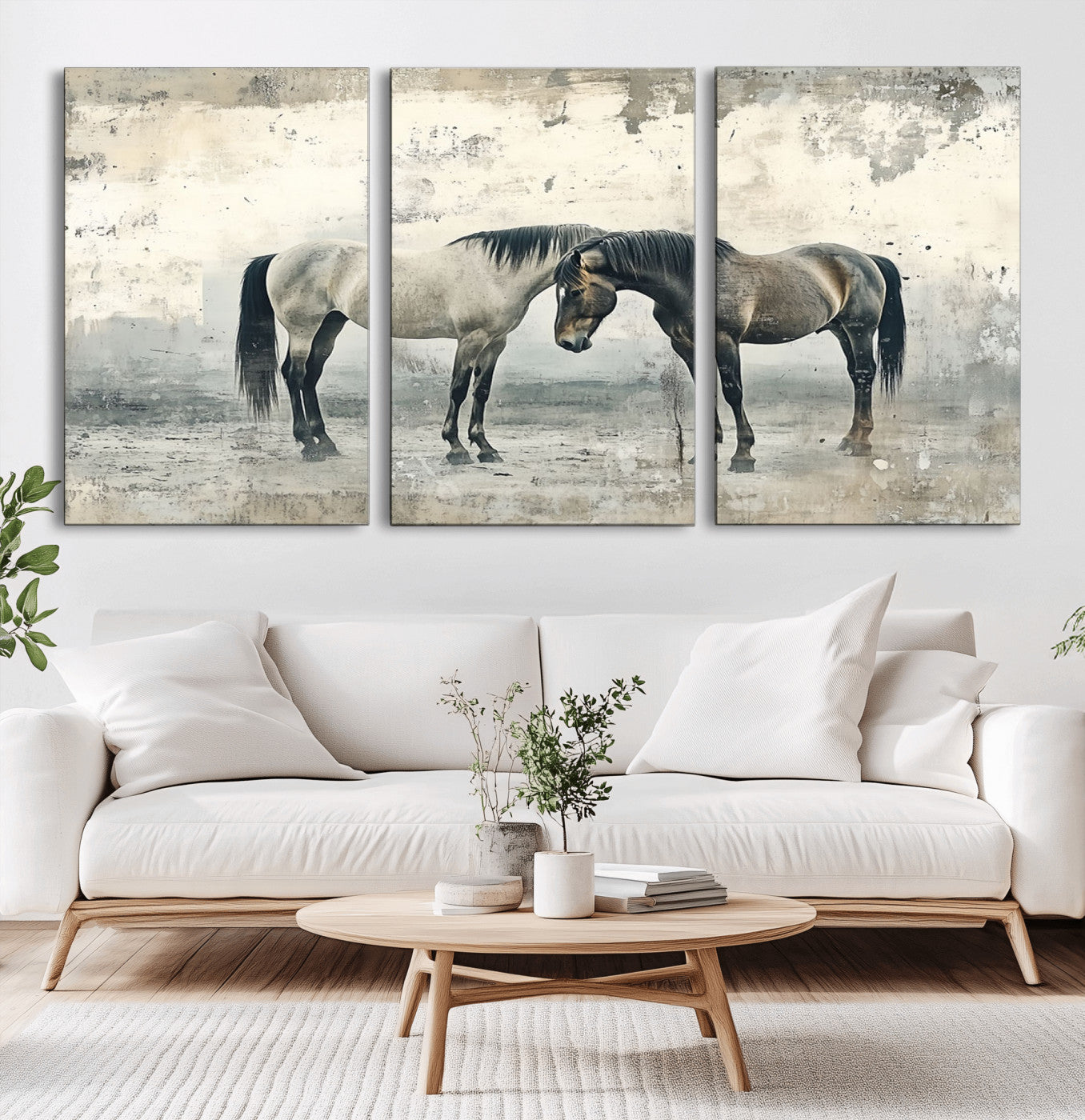 -Chines Style Majestic Horses Wall Art | Ready to Hang and Framed Triptych Print | Western Farmhouse
