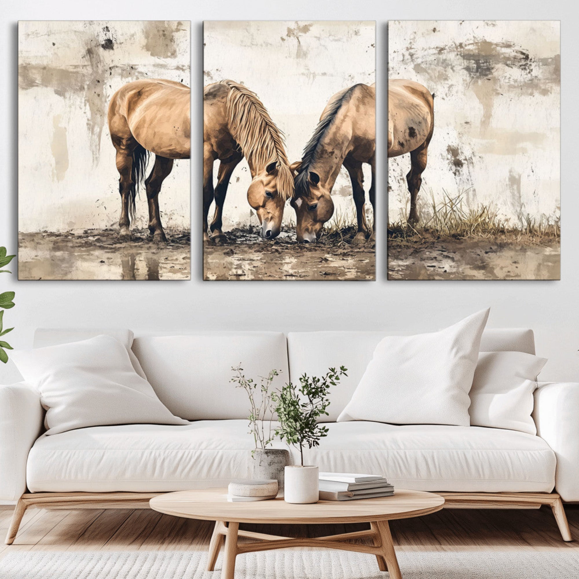 44742-MGV-CV-36X24-Vintage Horses Wall Art | Ready to Hang and Framed Triptych | Western Farmhouse Wall Decor for