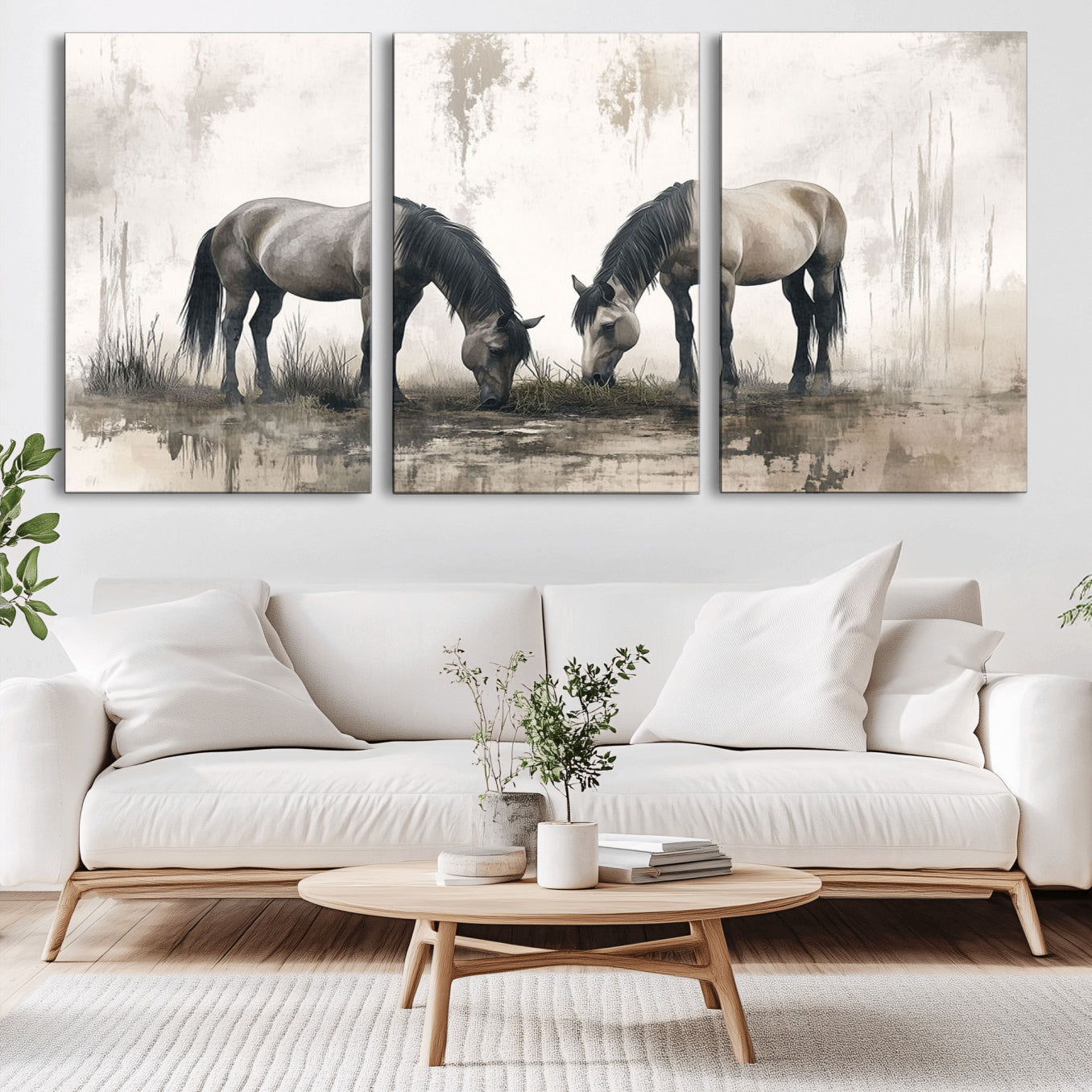 -Chines Ink Style Vintage Horses Wall Art Canvas Print for Farmhouse Wall Decor
