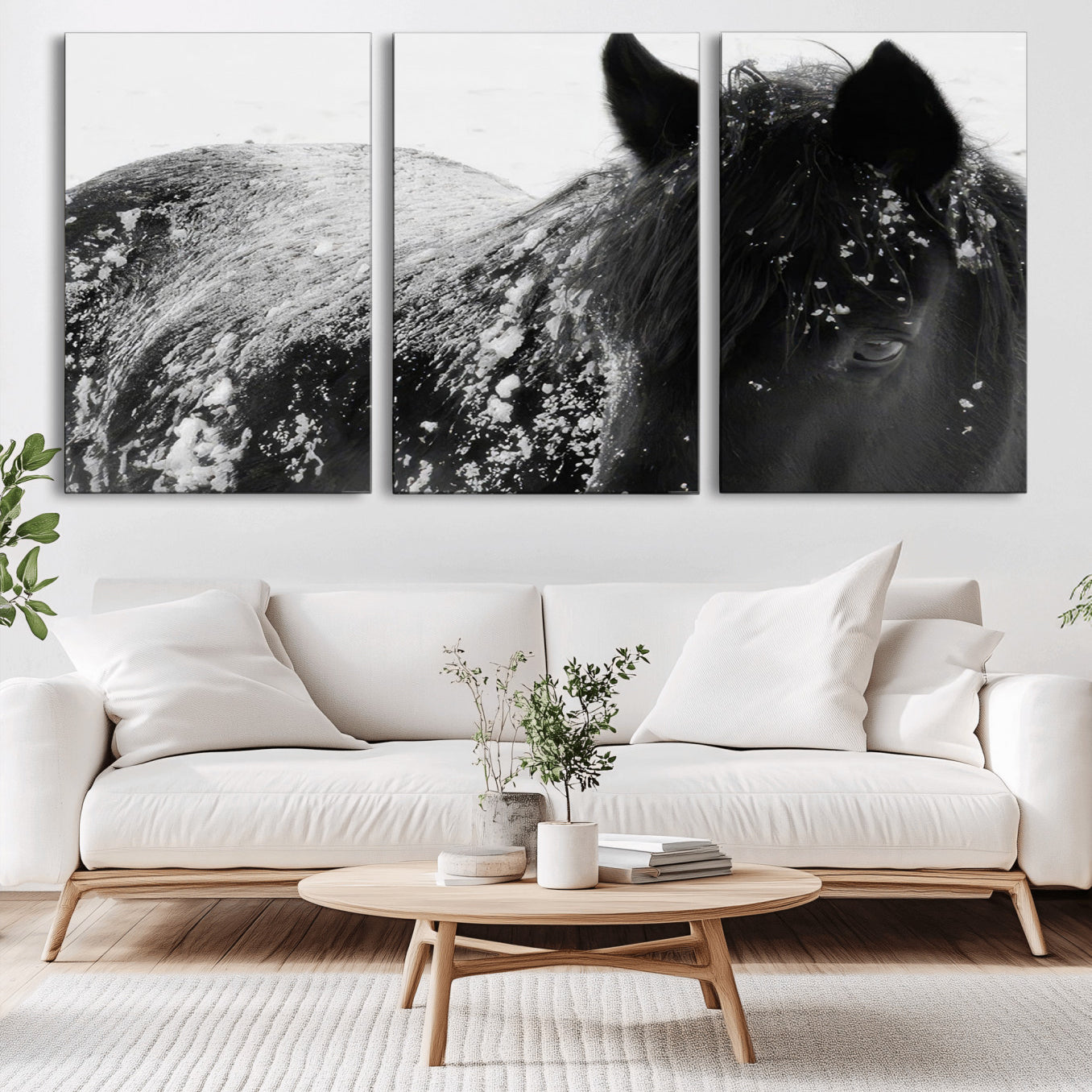 -Black Horse in Snow Canvas Print | Winter Horse Wall Art | Ready to Hang and Framed | Farmhouse Wall
