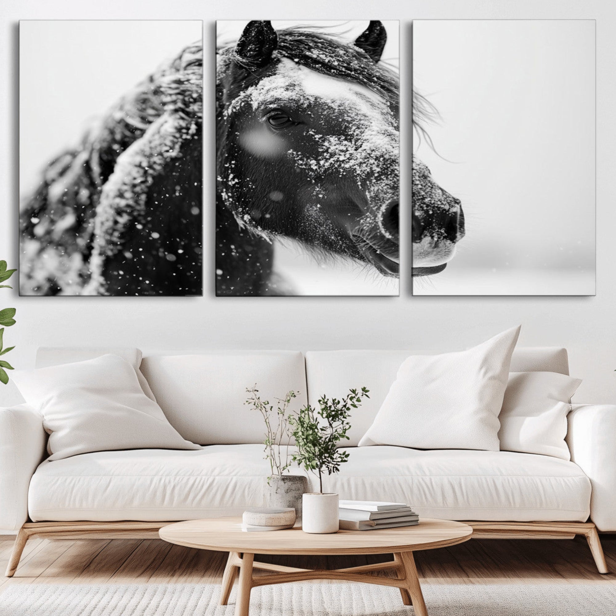 52374-MGV-CV-36X24-Winter Horse Canvas Print | Large 3-Panel Black White Equine Photography for Rustic Farmhouse Wall