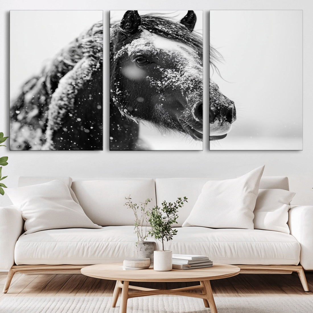 Winter Horse Canvas Print, Large 3-Panel Black and White Horse Wall Art