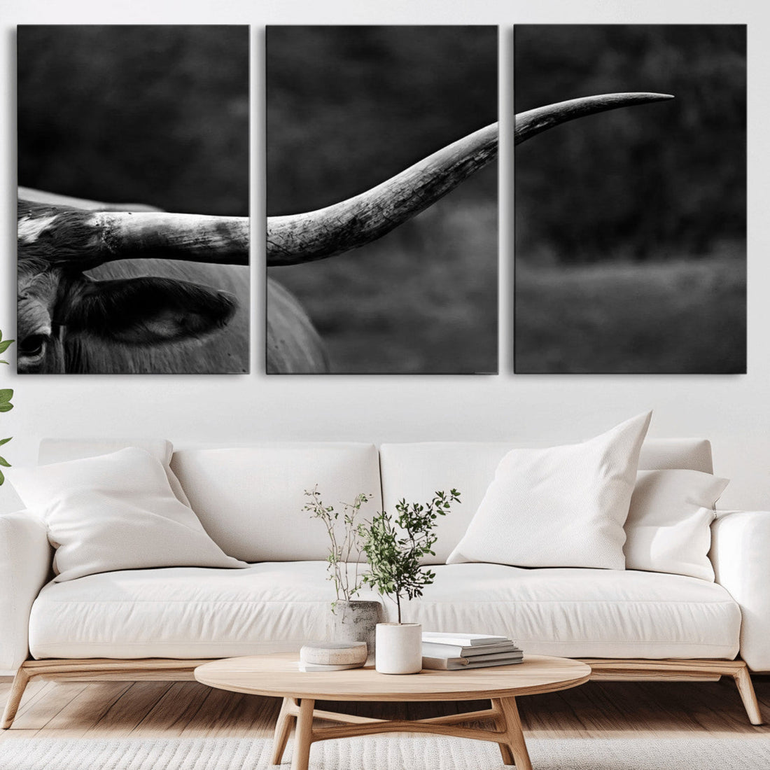 Cow Longhorn Wall Art, Black and White Print, Ready to Hang