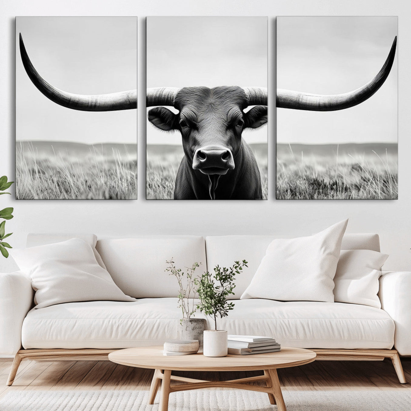 -Longhorn Bull Canvas Print | Rustic Farmhouse Wall Art | Western Decor | Ready to Hang and Framed