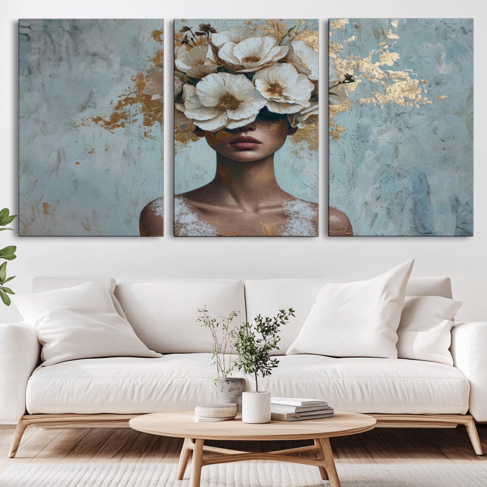 38084-MGV-CV-36X24-Golden Petal Wall Art - Petal Silhouette Woman Wall Art Canvas Print | Large 3-Panel Canvas with