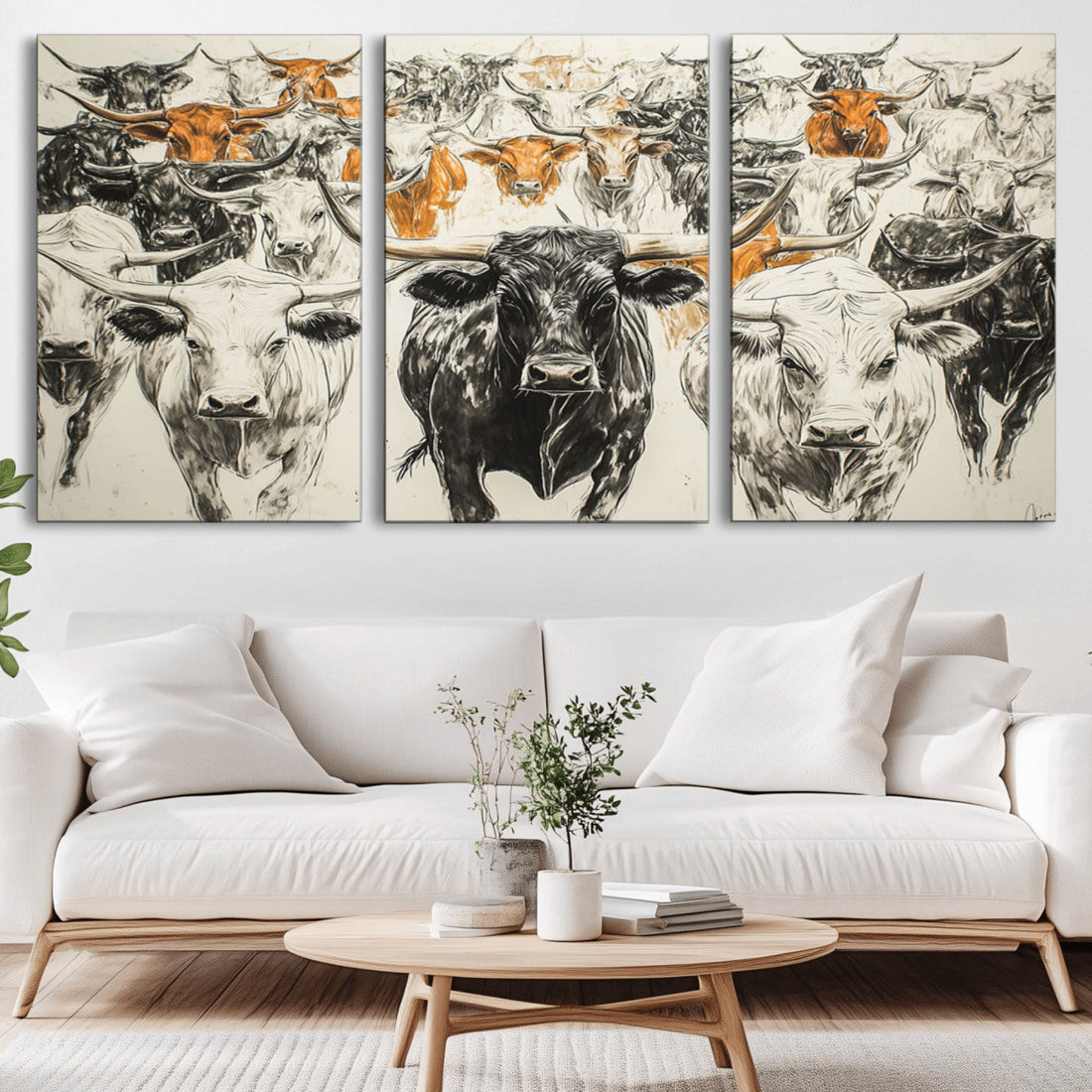 Farmhouse Wall Art, Western Longhorn Cattle Canvas Print
