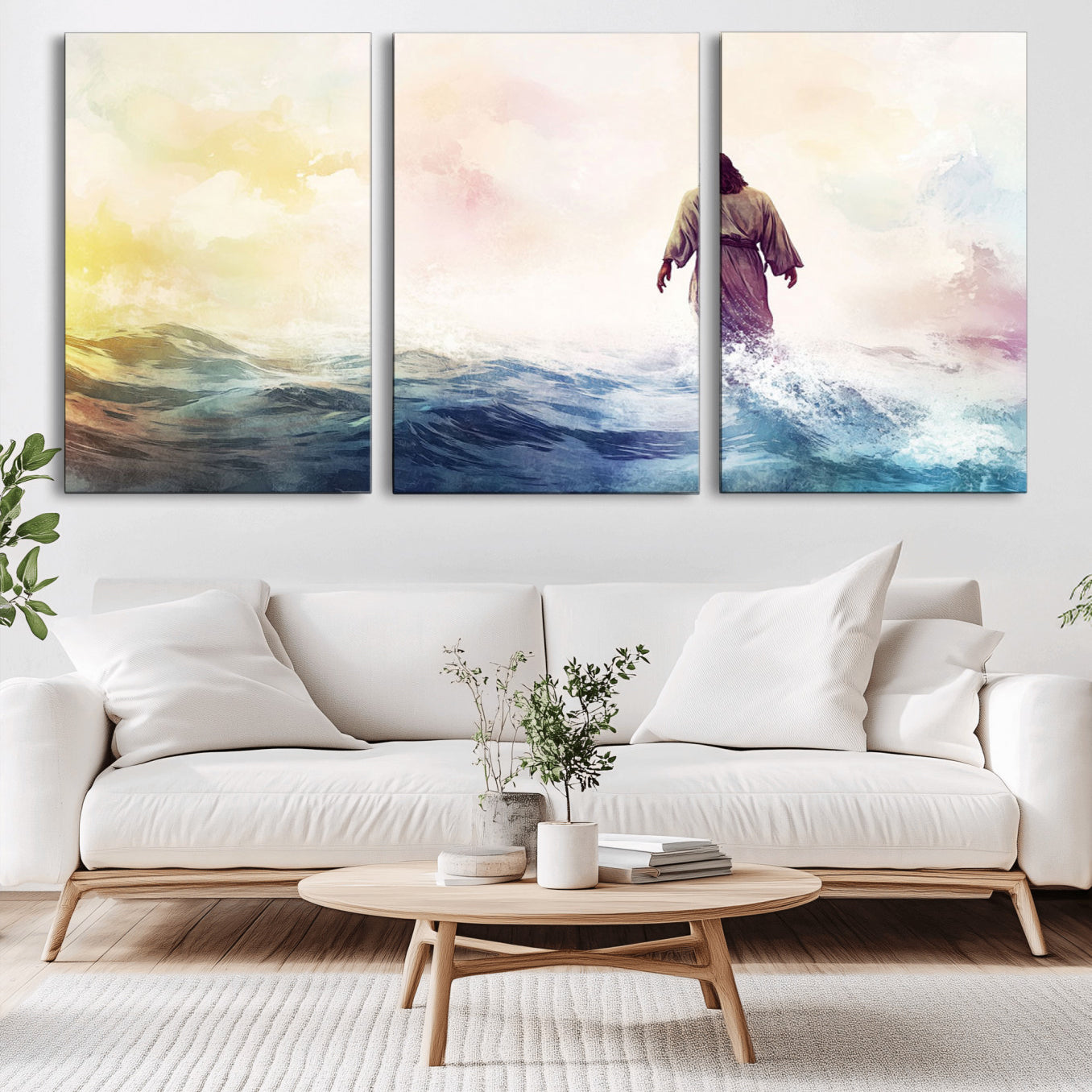 -Watercolor Jesus Walking on Water Canvas Print, Christian Wall Art, Jesus Christ Walking