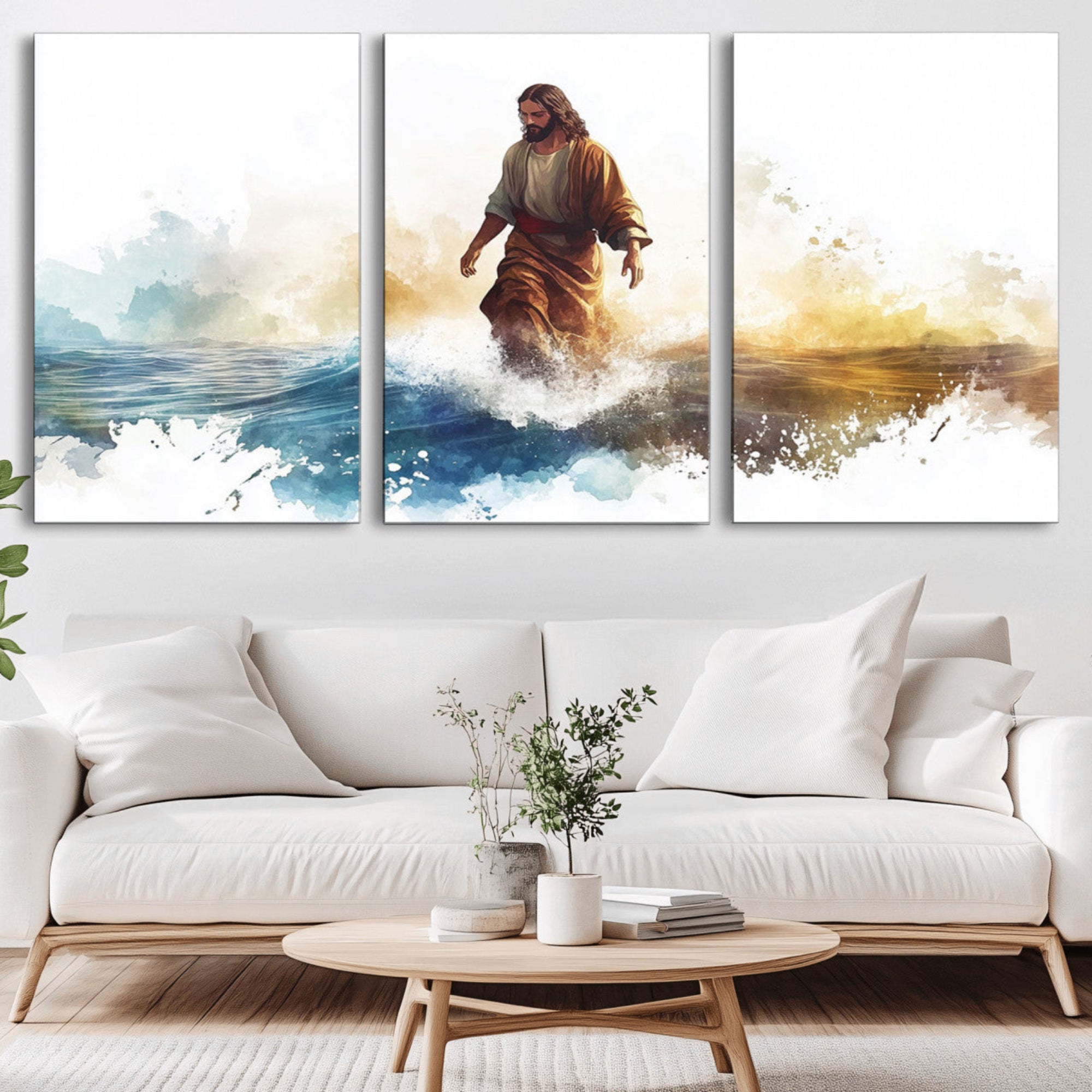 53671-MGV-CV-36X24-Watercolor Jesus Walking Wall Art Print, Jesus Water Canvas Print, Christian Wall Art, Jesus Christ