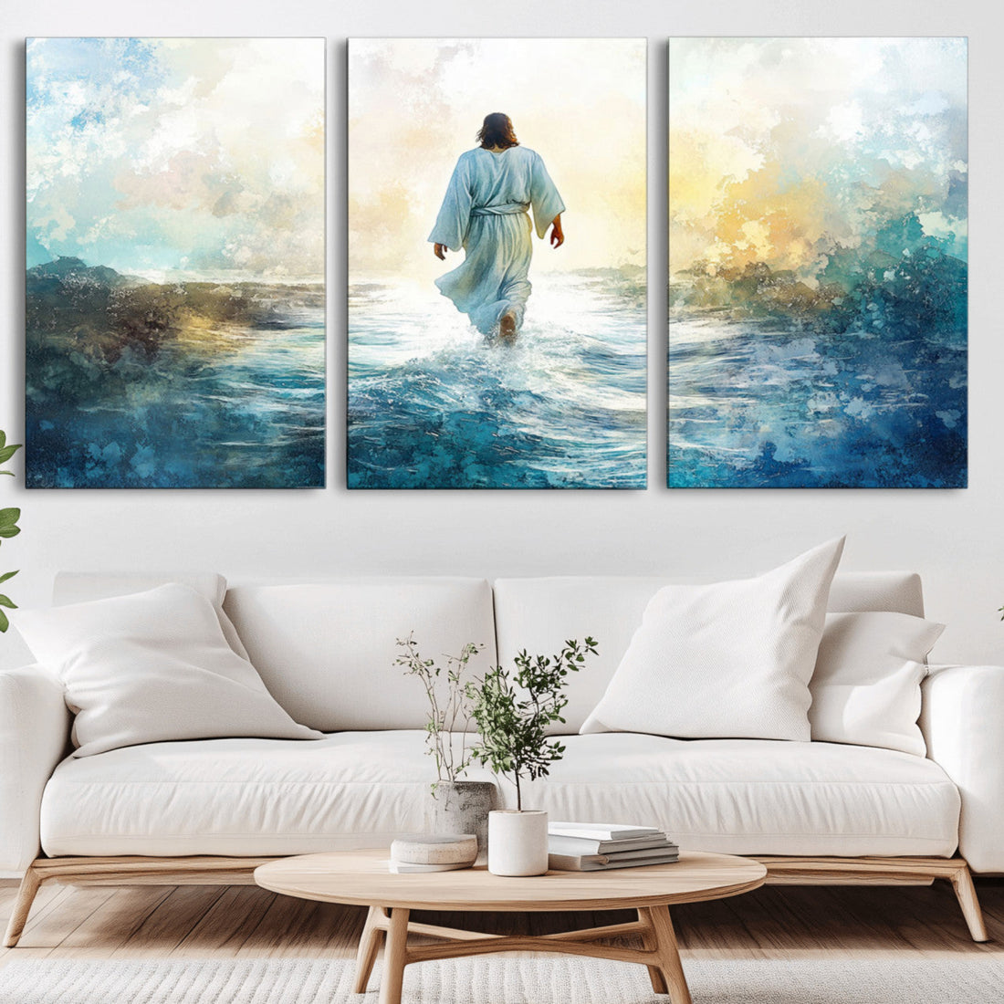 Watercolor Jesus Walking on Water Canvas Print, Christian Wall Art