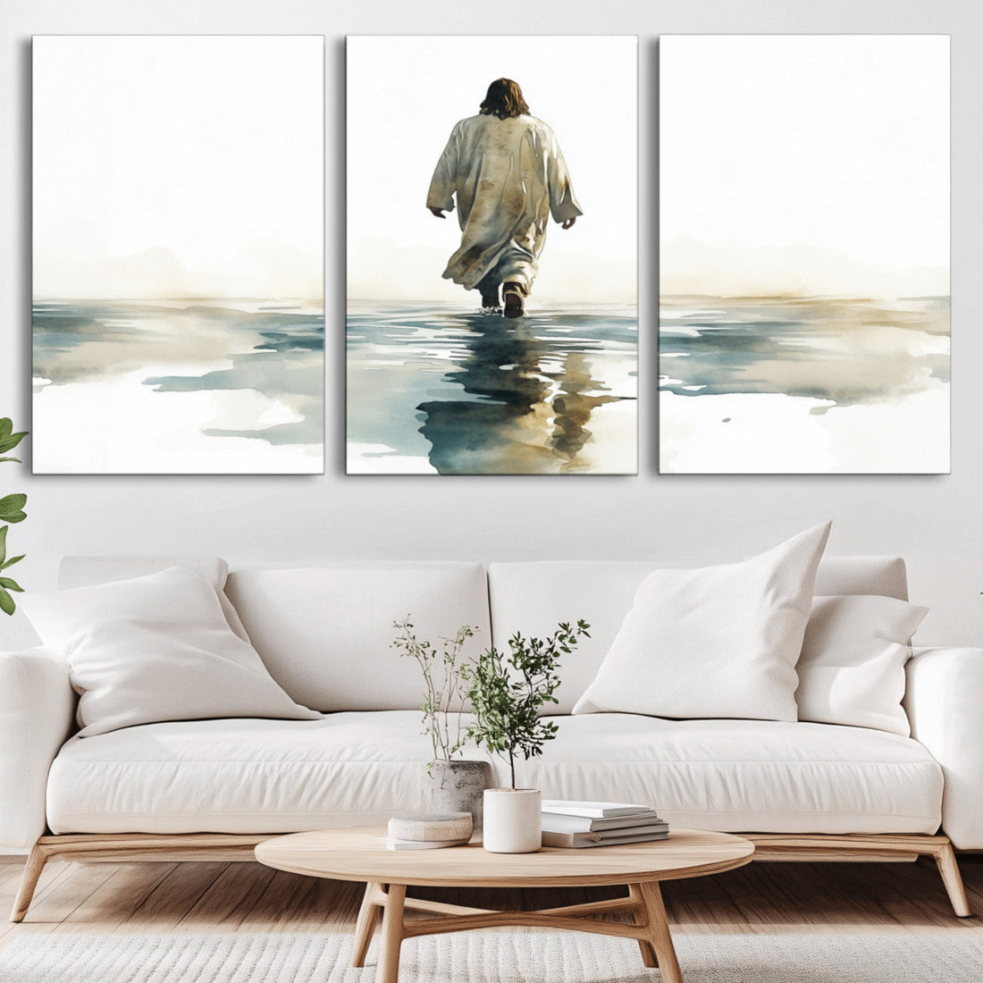 Watercolor Jesus Walking on Water Canvas Print, Christian Wall Art, Jesus Christ Walking