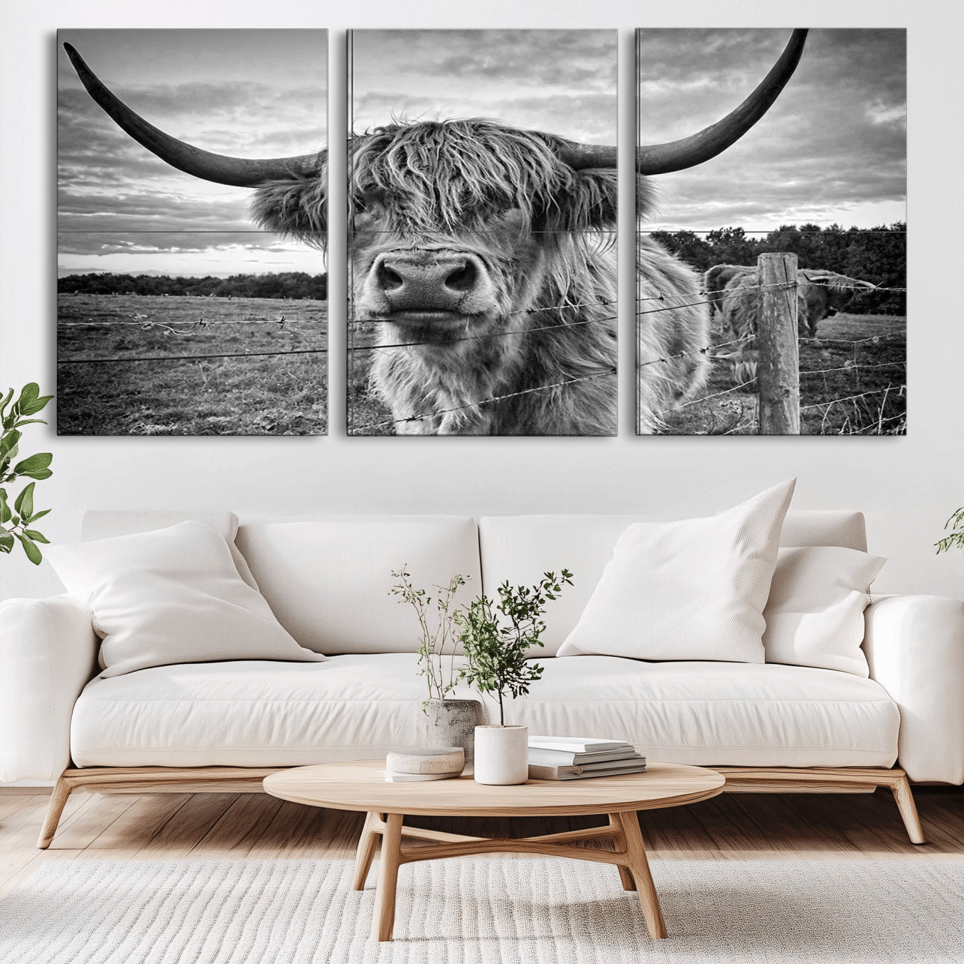 -Scottish Highland Cow Canvas Wall Art Farmhouse Decor, Framed Scottish Highland Cow Print
