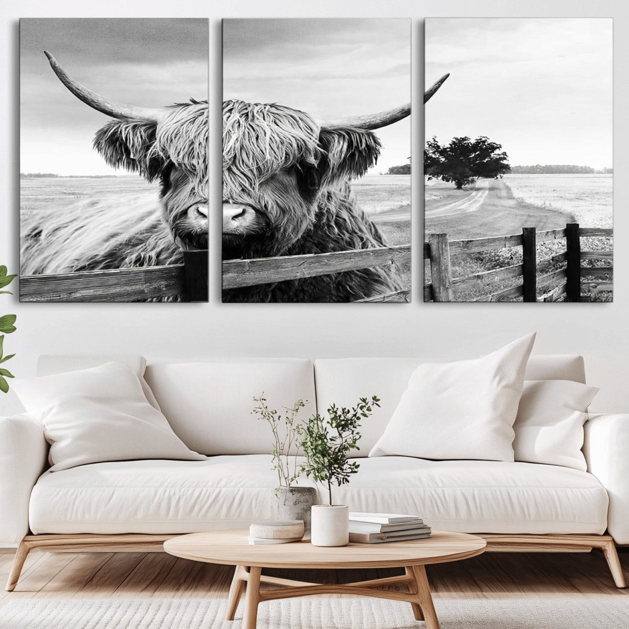 46054-MGV-CV-36X24-Scottish Highland Cow Wall Art | Rustic Farmhouse Décor | Black and White Ready to Hang Canvas Print