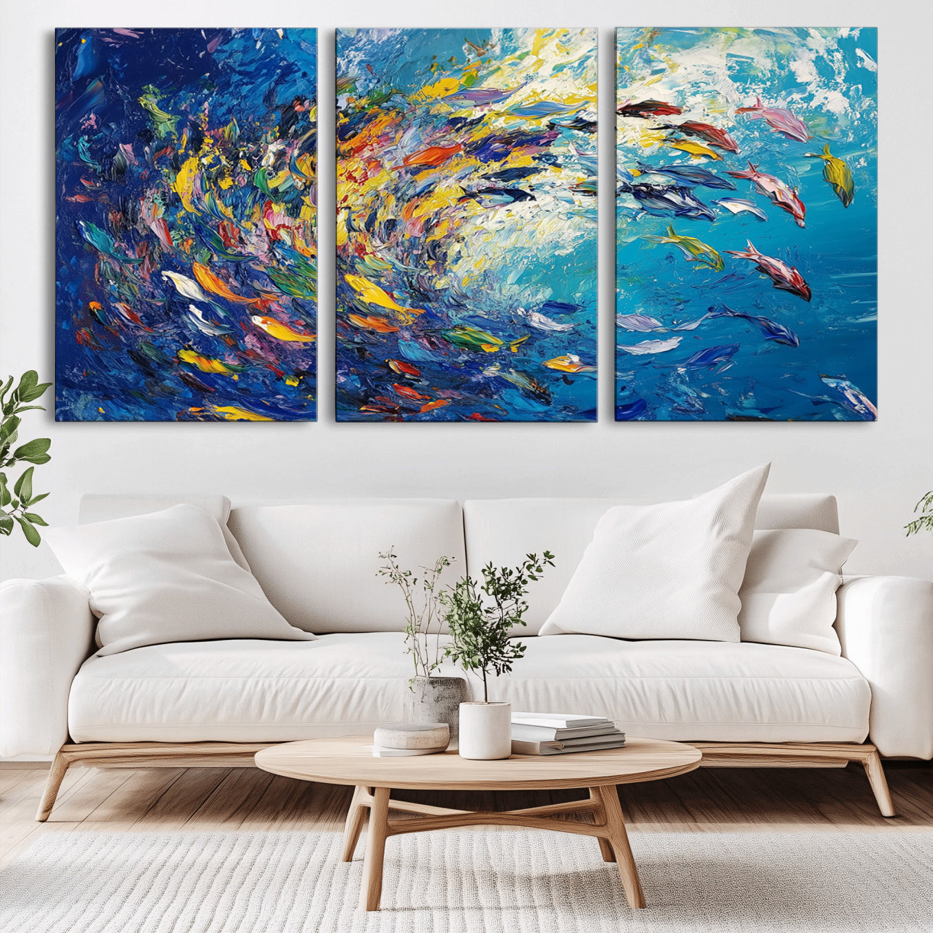 -Colorful Swirling Fish School Wall Art Canvas Print | Oceanic Abstract Painting | Ready to Hang |