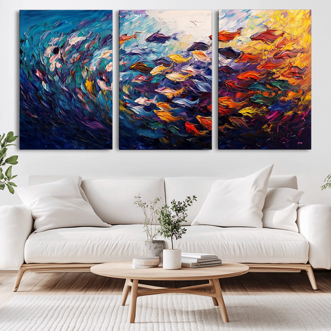 78292-MGV-CV-36X24-Vibrant Abstract Fish Swarm Art – Colorful Fish Inspired 3-Piece Canvas Wall Art for Living Room or