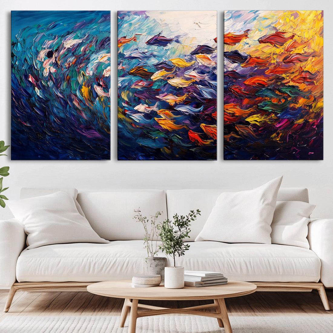 Vibrant Abstract Fish Swarm Art, Colorful Fish Canvas Wall Art
