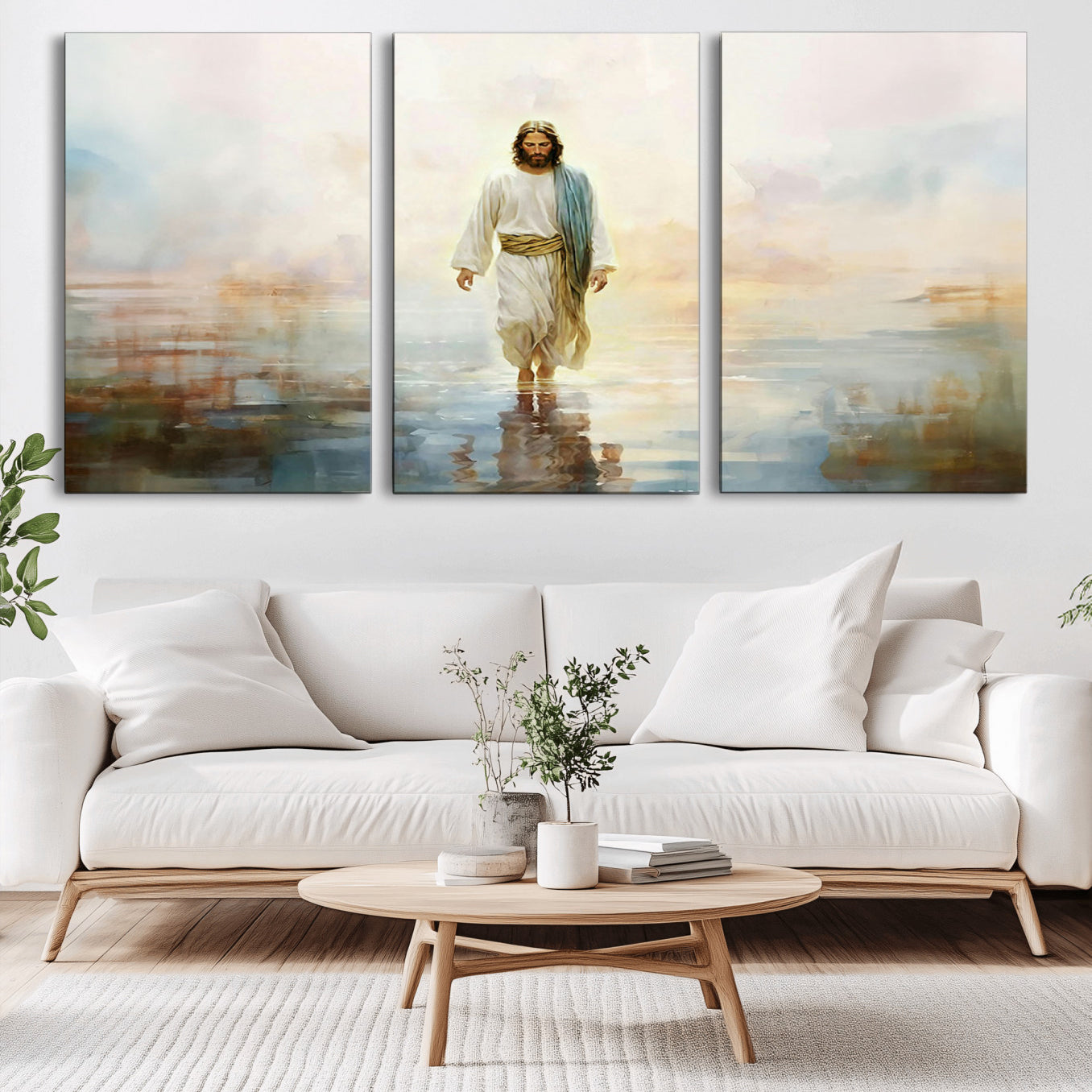 -Framed Jesus Walking on Water Wall Art - 3-Panel Christian Canvas Prints, Religious Artwork for