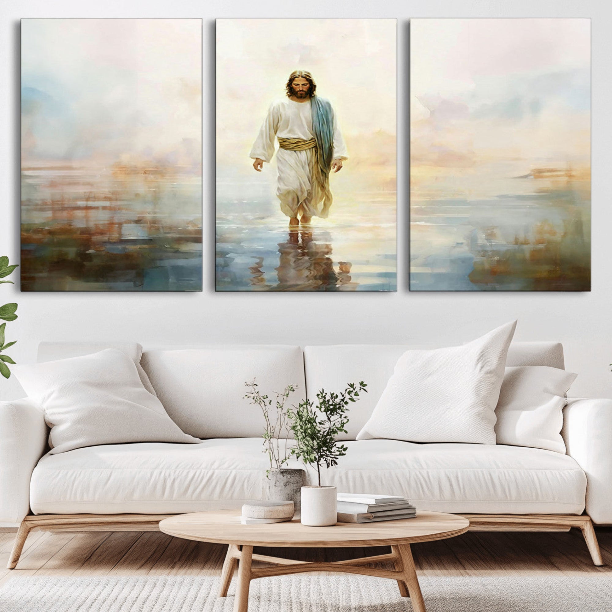 41795-MGV-CV-36X24-Framed Jesus Walking on Water Wall Art - 3-Panel Christian Canvas Prints, Religious Artwork for