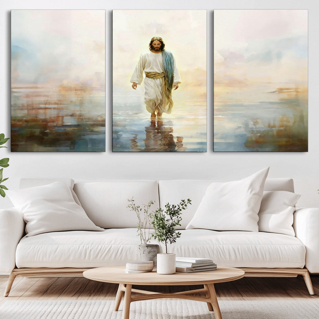Framed Jesus Walking on Water Wall Art, 3 Panel Christian Canvas Prints
