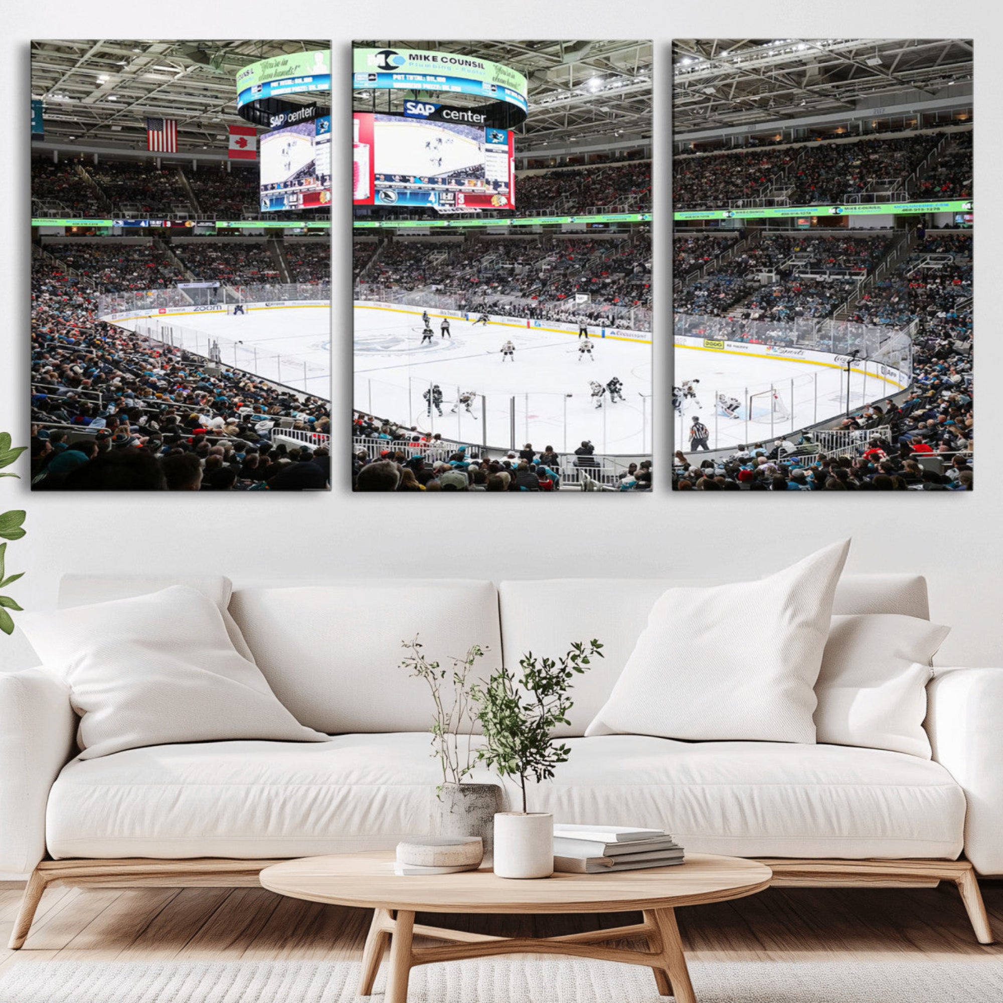 87538-MGV-CV-36X24-Sharks Arena Blackhawks Sharks Ice Hockey Stadium Wall Art Canvas Print, Framed Blackhawks Sharks