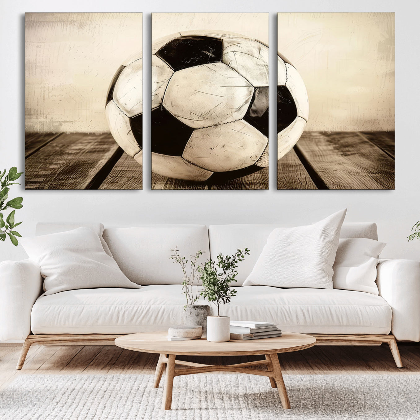-Vintage Soccer Ball Wall Decor Canvas Art – 3-Panel Soccer Wall Decor, Framed and Ready to Hang