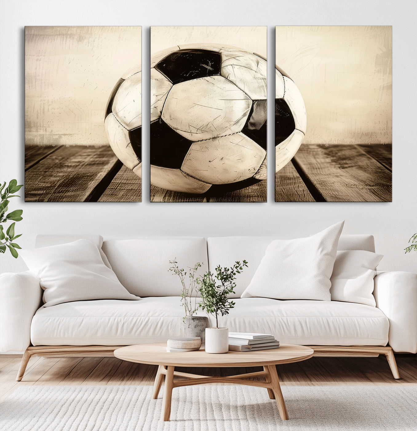 -Vintage Soccer Ball Wall Decor Canvas Art – 3-Panel Soccer Wall Decor, Framed and Ready to Hang