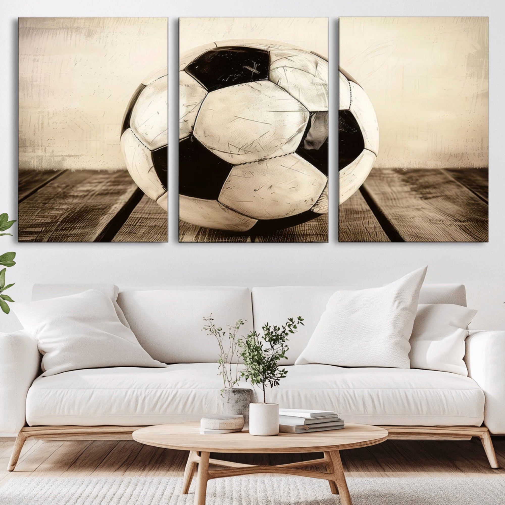 24319-MGV-CV-36X24-Vintage Soccer Ball Wall Decor Canvas Art – 3-Panel Soccer Wall Decor, Framed and Ready to Hang
