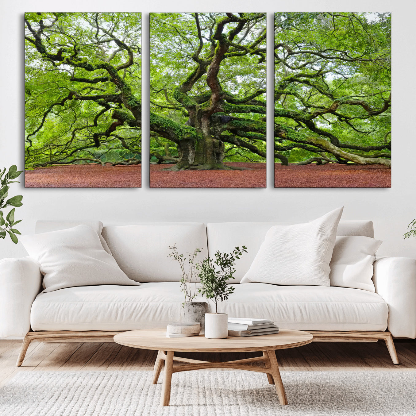 40313-MGV-CV-36X24-Framed Angel Oak Tree Wall Art - 3-Panel Canvas Prints, Large Green Nature Artwork, Ready to Hang