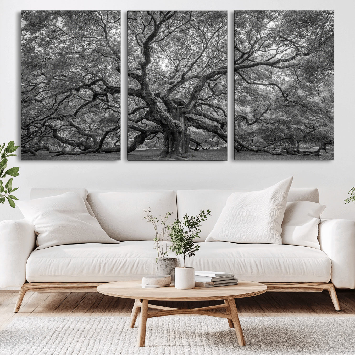 -Majestic Angel Oak Tree Black and White Canvas Print – Multi Panel Wall Art, Giclée Print, Ready to