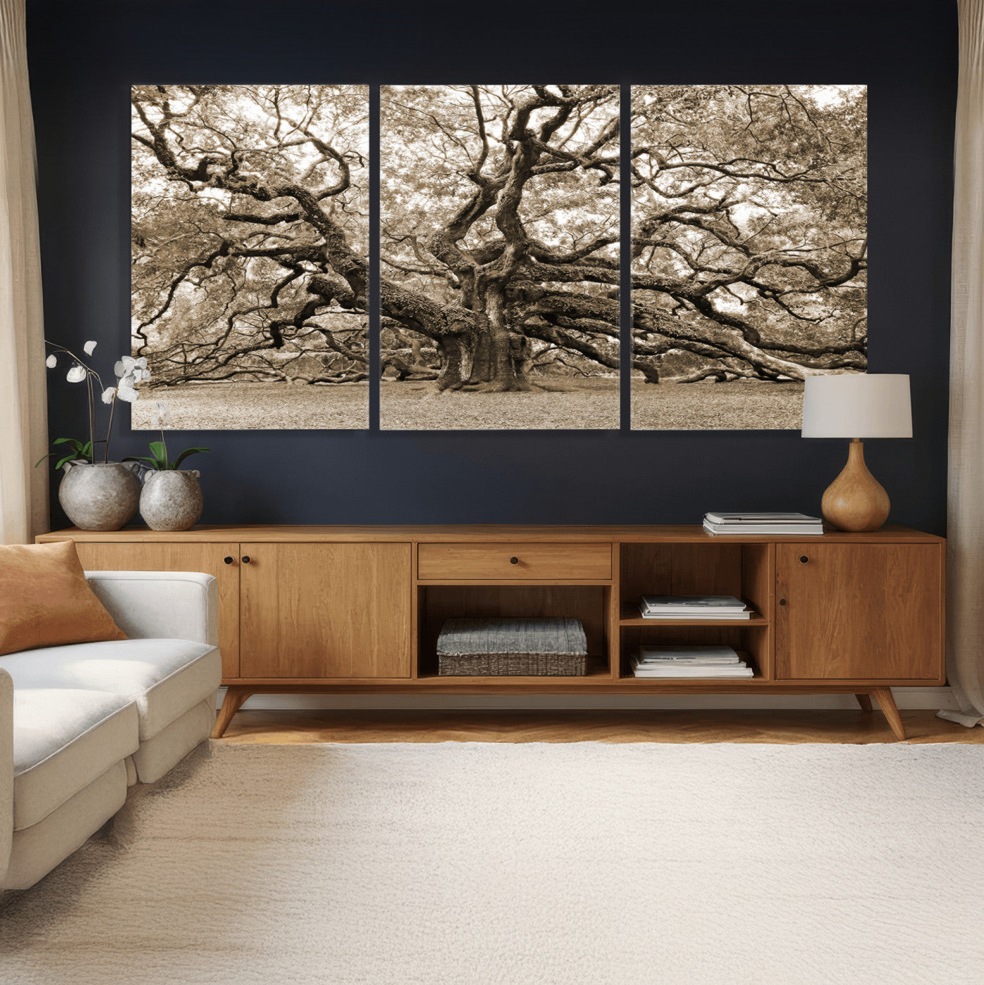 51126-MGV-CV-36X24 - Sepia Framed Angel Oak Tree Wall Art - 3-Panel Canvas Prints, Large Green Nature Artwork, Ready to