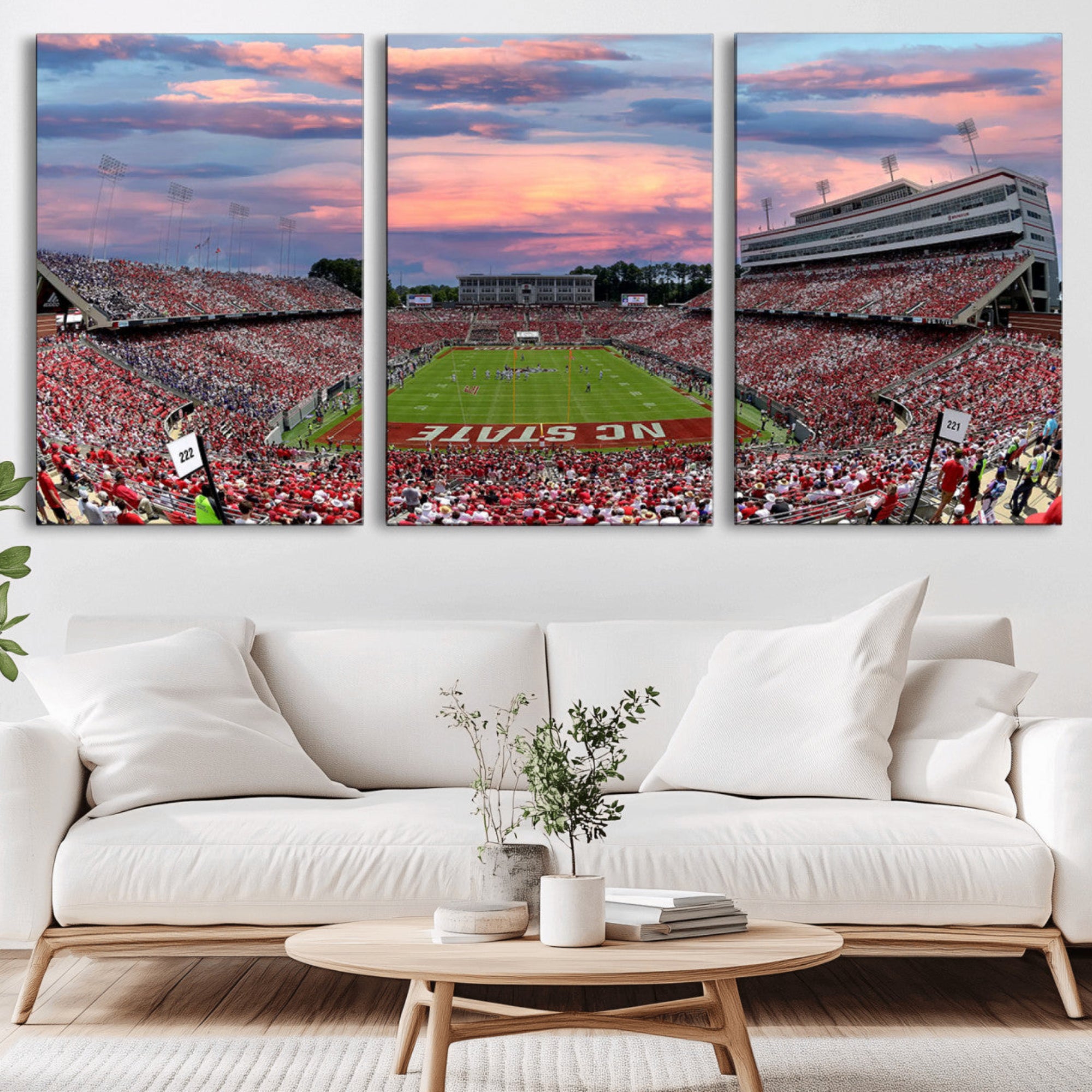 75072-MGV-CV-36X24-Carter-Finley Stadium Art Sunset Game Triple Canvas Wall Art - NC State Wolfpack Football Match