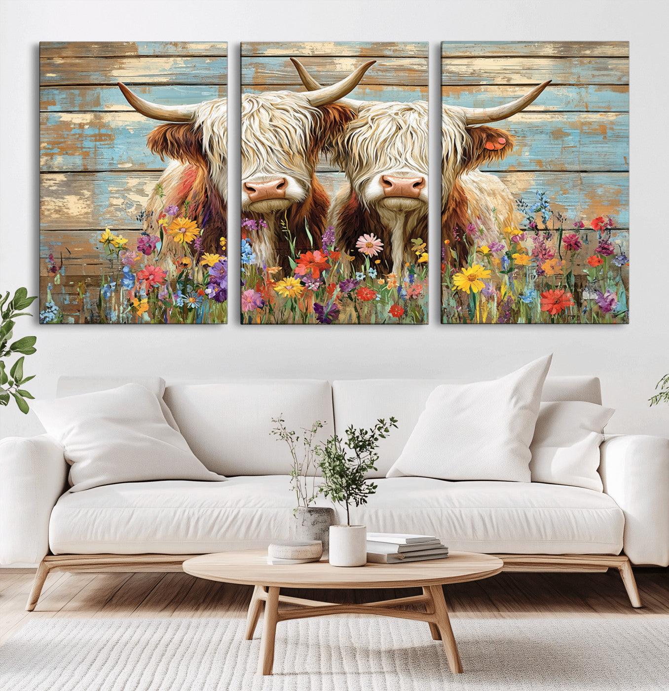 36972-MGV-CV-36X24-Cute Highland Cow Canvas Wall Art - Rustic Farmhouse Decor with Colorful Flowers Perfect Wall Art