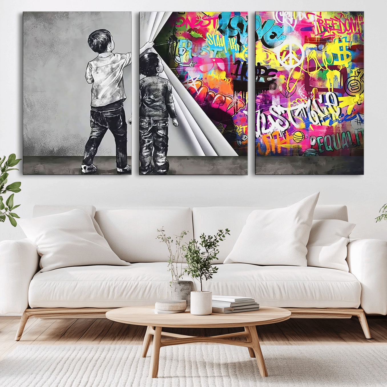 -Banksy Print - Street Art Canvas Wall Art - Kids Revealing Graffiti, Urban Modern Decor for Living