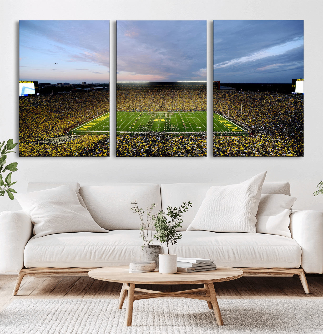 82641-MGV-CV-60X30-3P - Michigan Stadium Wall Art Canvas Print, Vibrant Game Day Crowd and Sunset Sky Football Field Artwork for Home, Office