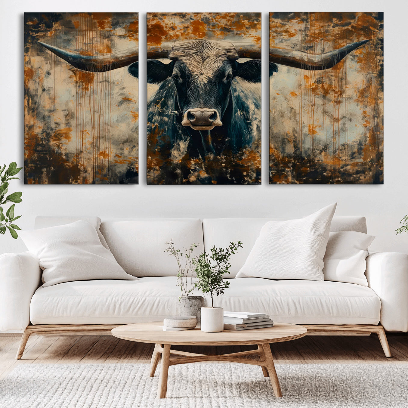 -Longhorn Wall Art – Rustic Western Bull Canvas Print, Modern Farmhouse Animal Decor for Living Room, Office, or Ranch House