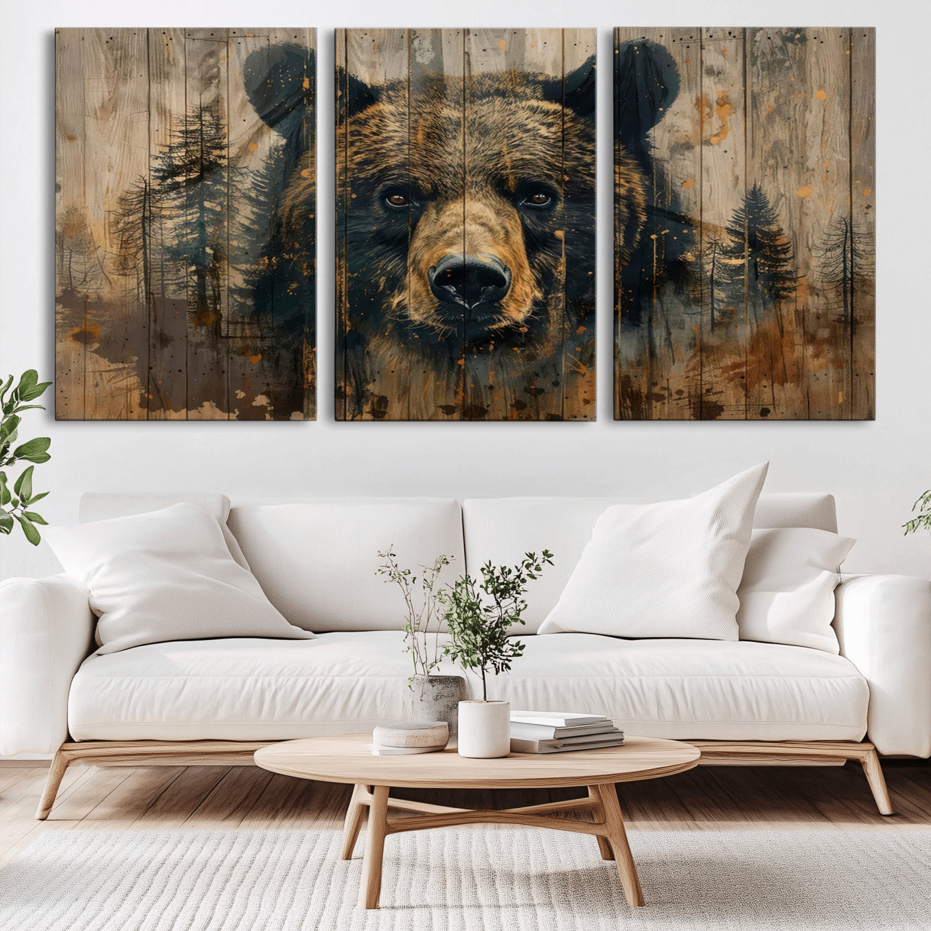 51373-MGV-CV-36X24-Abstract 399 Bear Wall Art | Rustic Cabin Wall Decor with Forest Design | Framed and Ready to Hang |