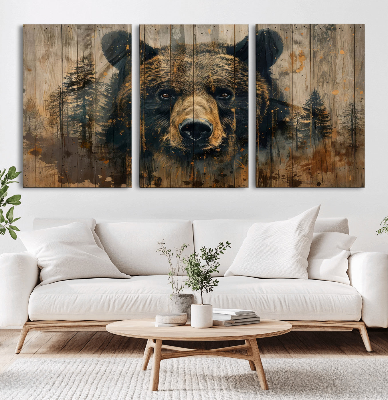 51373-MGV-CV-36X24-Abstract 399 Bear Wall Art | Rustic Cabin Wall Decor with Forest Design | Framed and Ready to Hang |