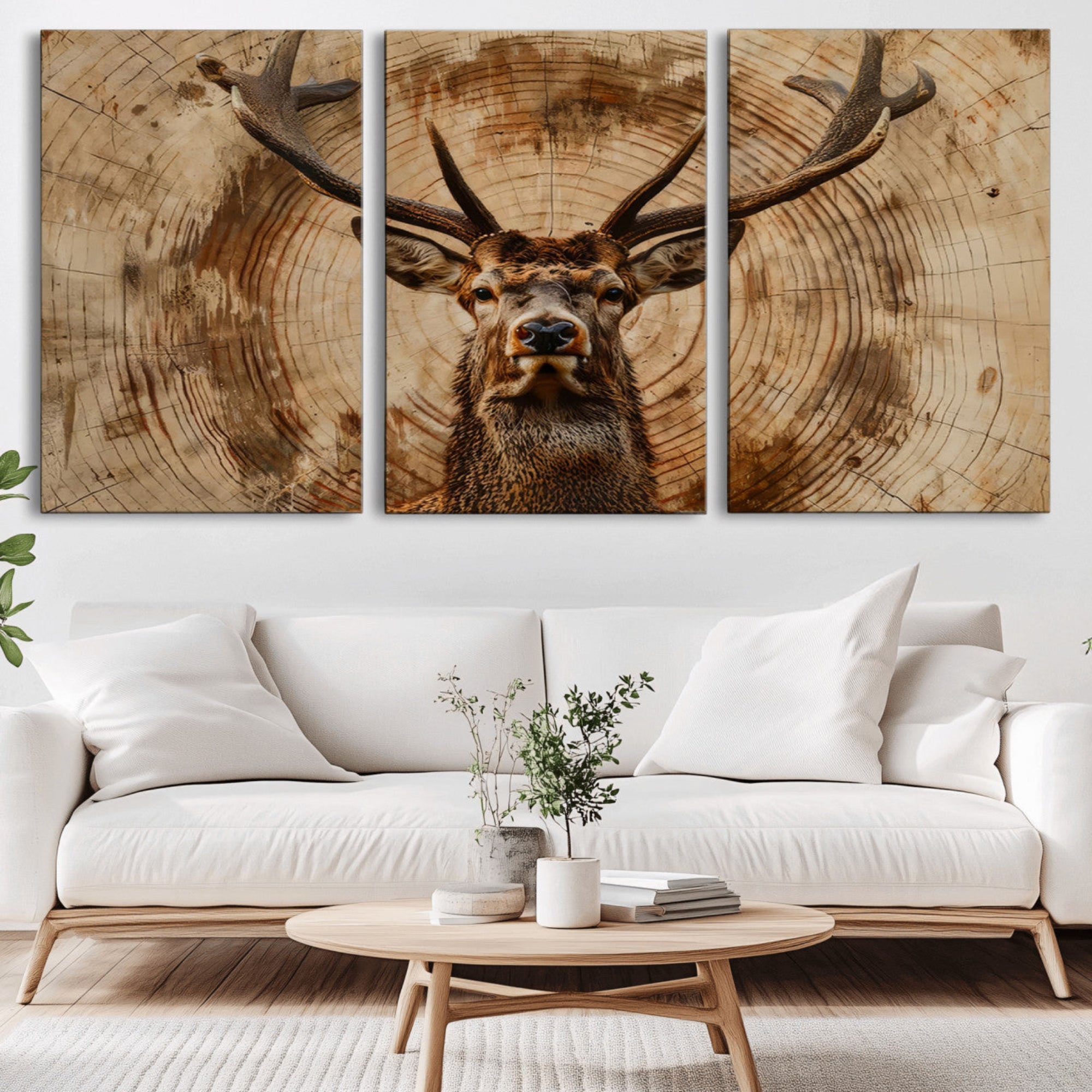19375-MGV-CV-36X24-Wood Abstract Deer Wall Art | Rustic Wildlife Canvas Print | Ready to Hang Stag Head Triptych for